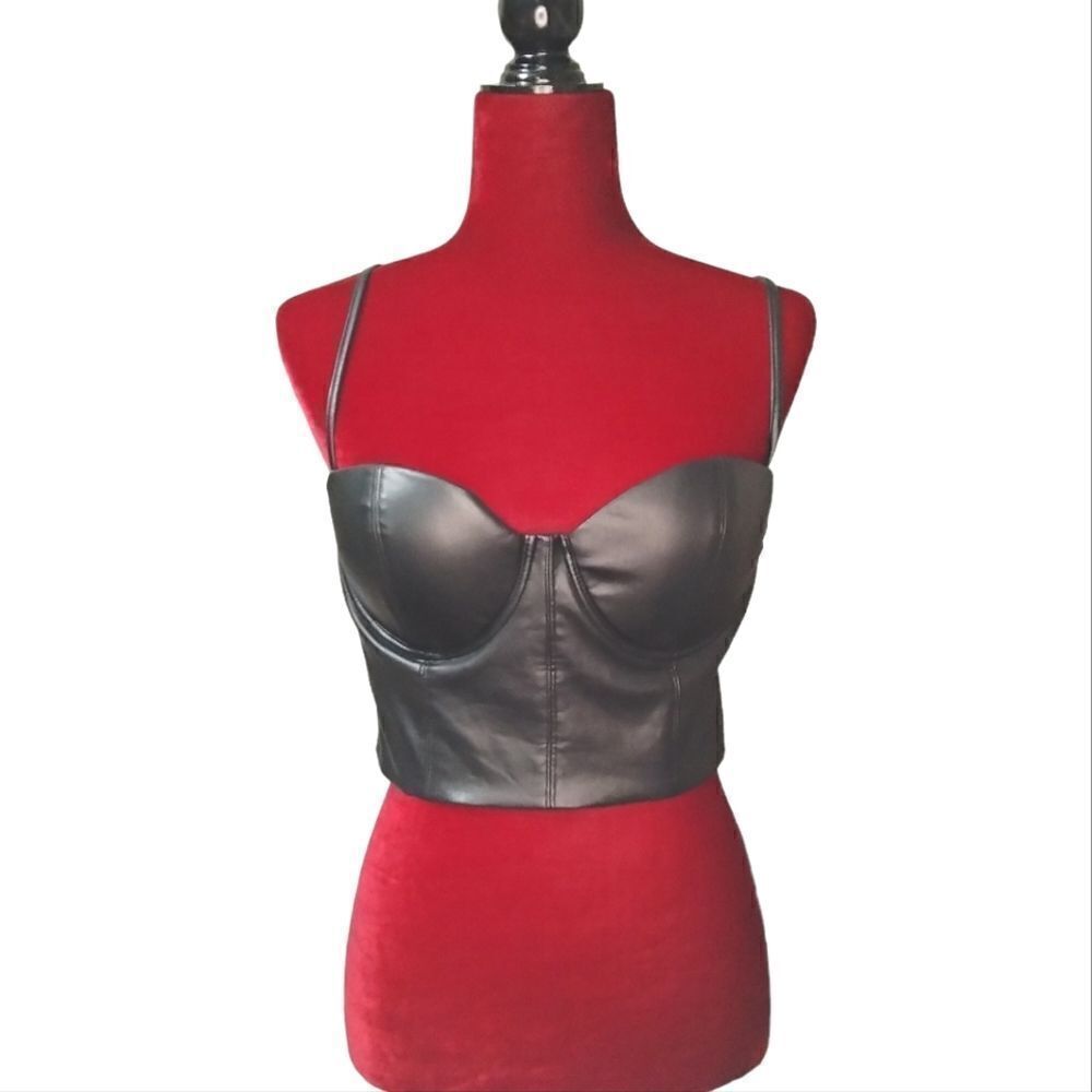 Fashion Nova Faux Leather Bustier Top Black Zip Up Size L